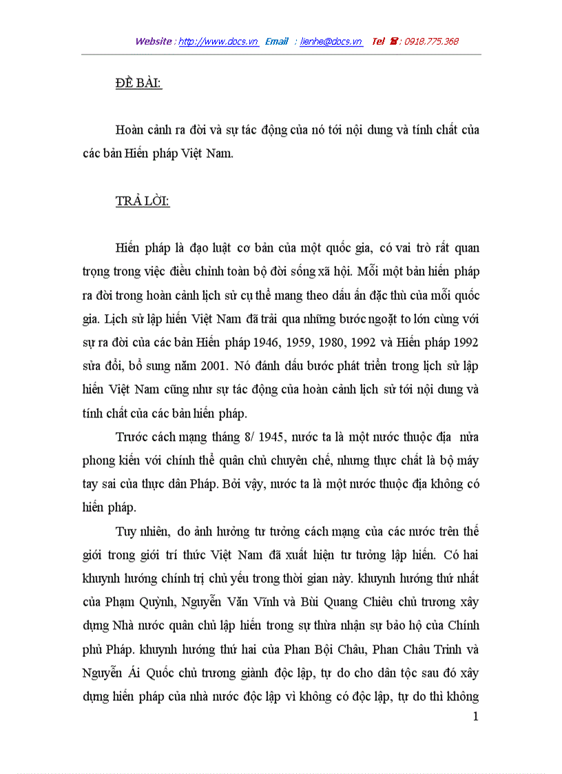 Hoàn cảnh ra đời và sự tác động của nó tới nội dung và tính chất của các bản Hiến pháp Việt Nam