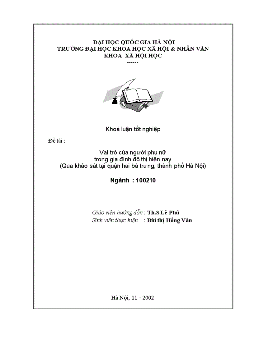 Vai trò của người phụ nữ trong gia đình đô thị hiện nay Qua khảo sát tại quận hai bà trưng thành phố Hà Nội