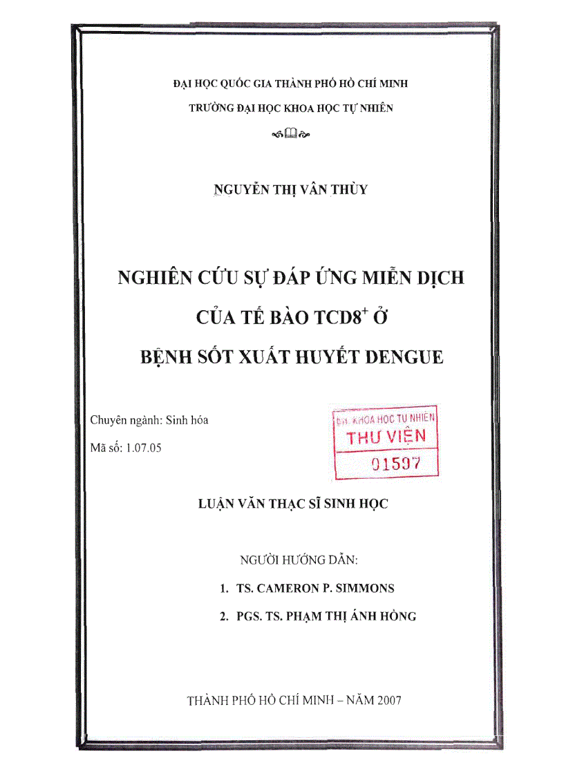 Nghiên cứu sự đáp ứng miễn dịch của tế bào tcd8 ở bệnh sốt xuất huyết dengue