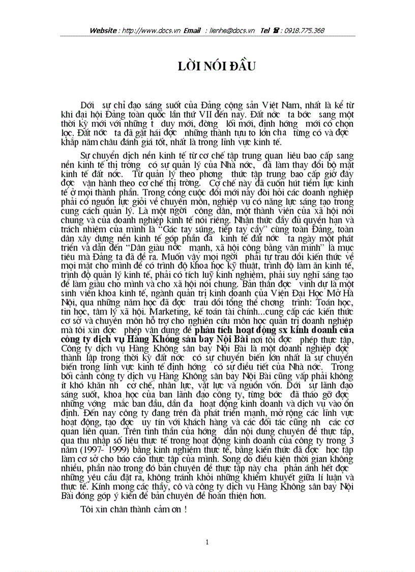 Phân tích hoạt động sx kinh doanh của công ty dịch vụ Hàng Không sân bay Nội Bài