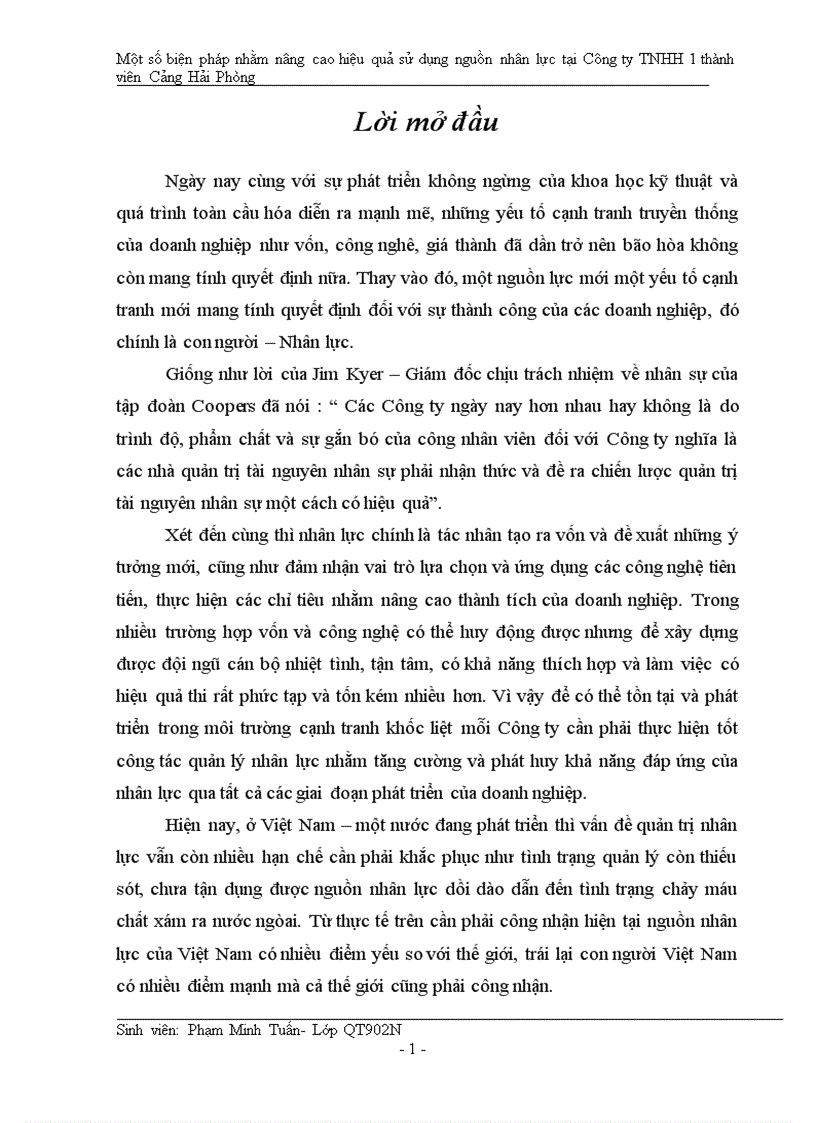 Một số biện pháp nhằm nâng cao hiệu quả sử dụng nguồn nhân lực tại Công ty TNHH 1 thành viên Cảng Hải Phòng