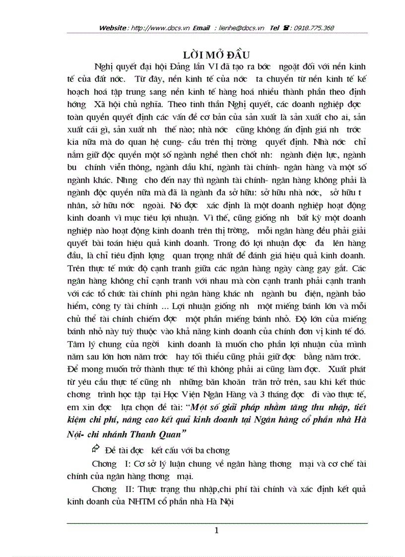 Một số giải pháp nhằm tăng thu nhập tiết kiệm chi phí nâng cao kết quả kinh doanh tại Ngân hàng cổ phần nhà Hà Nội chi nhánh Thanh Quan