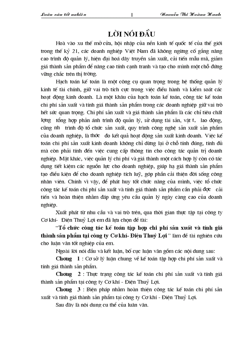 Tổ chức công tác kế toán tập hợp chi phí sản xuất và tính giá thành sản phẩm tại công ty Cơ khí Điện Thuỷ Lợi