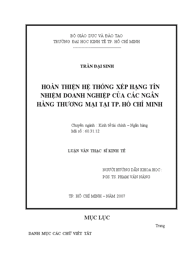 Hoàn thiện hệ thống xếp hạng tín nhiệm doanh nghiệp của các ngân hàng thương mại tại tp Hồ chí minh