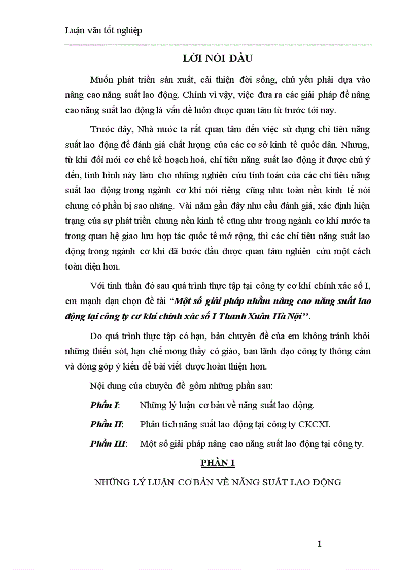 Một số giải pháp nhằm nâng cao năng suất lao động tại công ty cơ khí chính xác số I Thanh Xuân Hà Nội