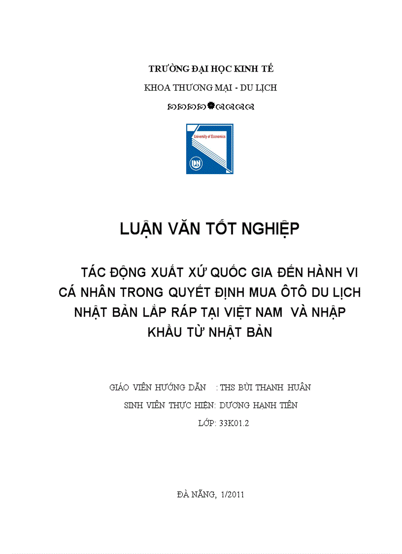 Tác động xuất xứ quốc gia đến hành vi cá nhân trong quyết định mua ôtô Nhật Bản lắp ráp tại Việt Nam và nhập khẩu từ Nhật Bản