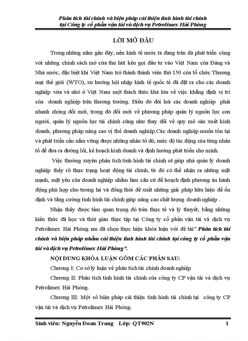 Phân tích tài chính và biện pháp nhằm cải thiện tình hình tài chính tại công ty cổ phần vận tải và dịch vụ Petrolimex Hải Phòng