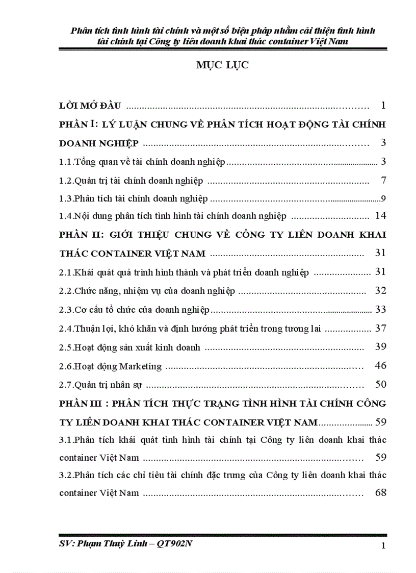Phân tích tình hình tài chính và một số biện pháp nhằm cải thiện tình hình tài chính tại Công ty liên doanh khai thác container Việt Nam