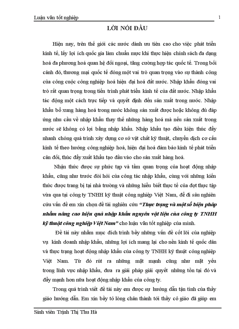 Thực trạng và một số biện pháp nhằm nâng cao hiệu quả nhập khẩu nguyên vật liệu của công ty TNHH kỹ thuật công nghiệp Việt Nam