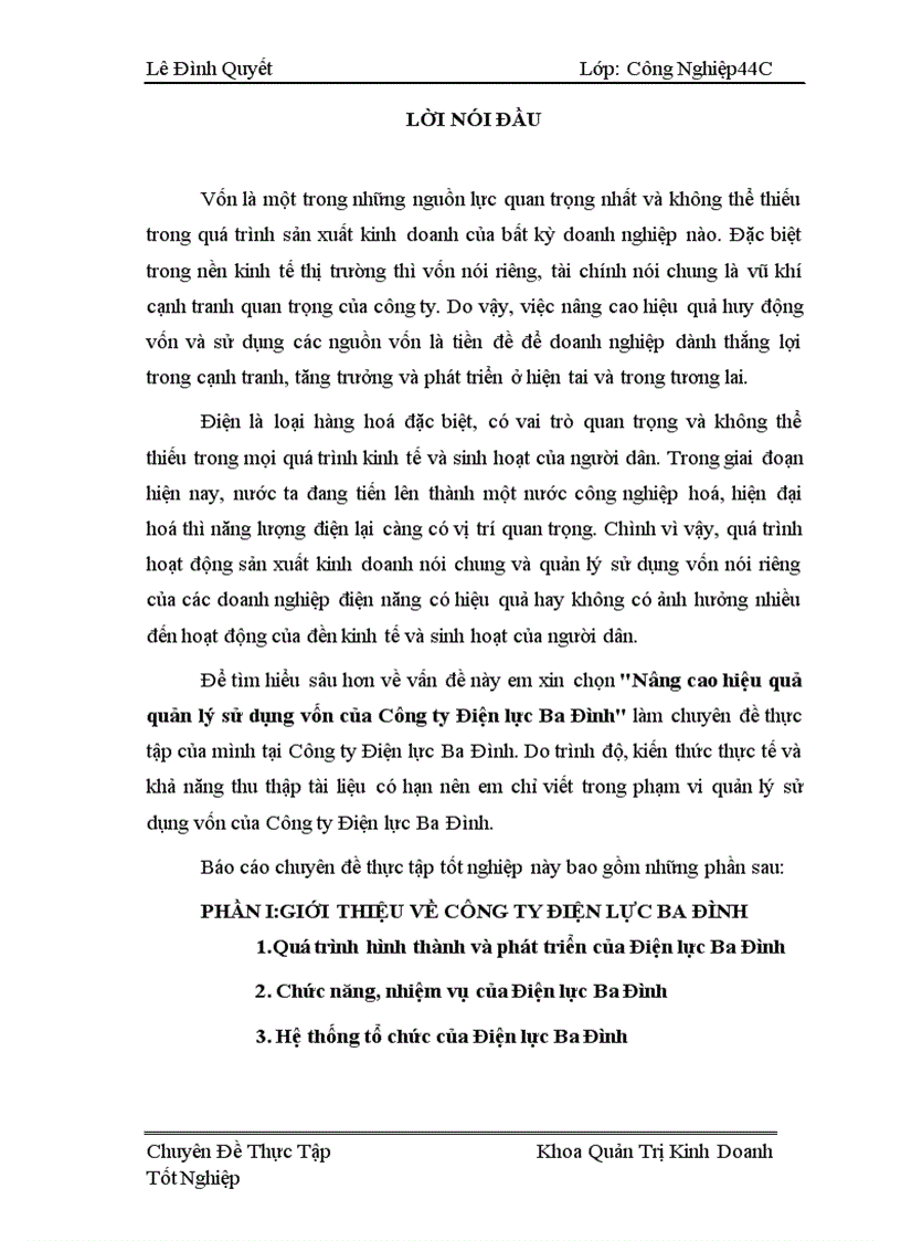 Nâng cao hiệu quả quản lý sử dụngvốn của công ty điện lực ba đình