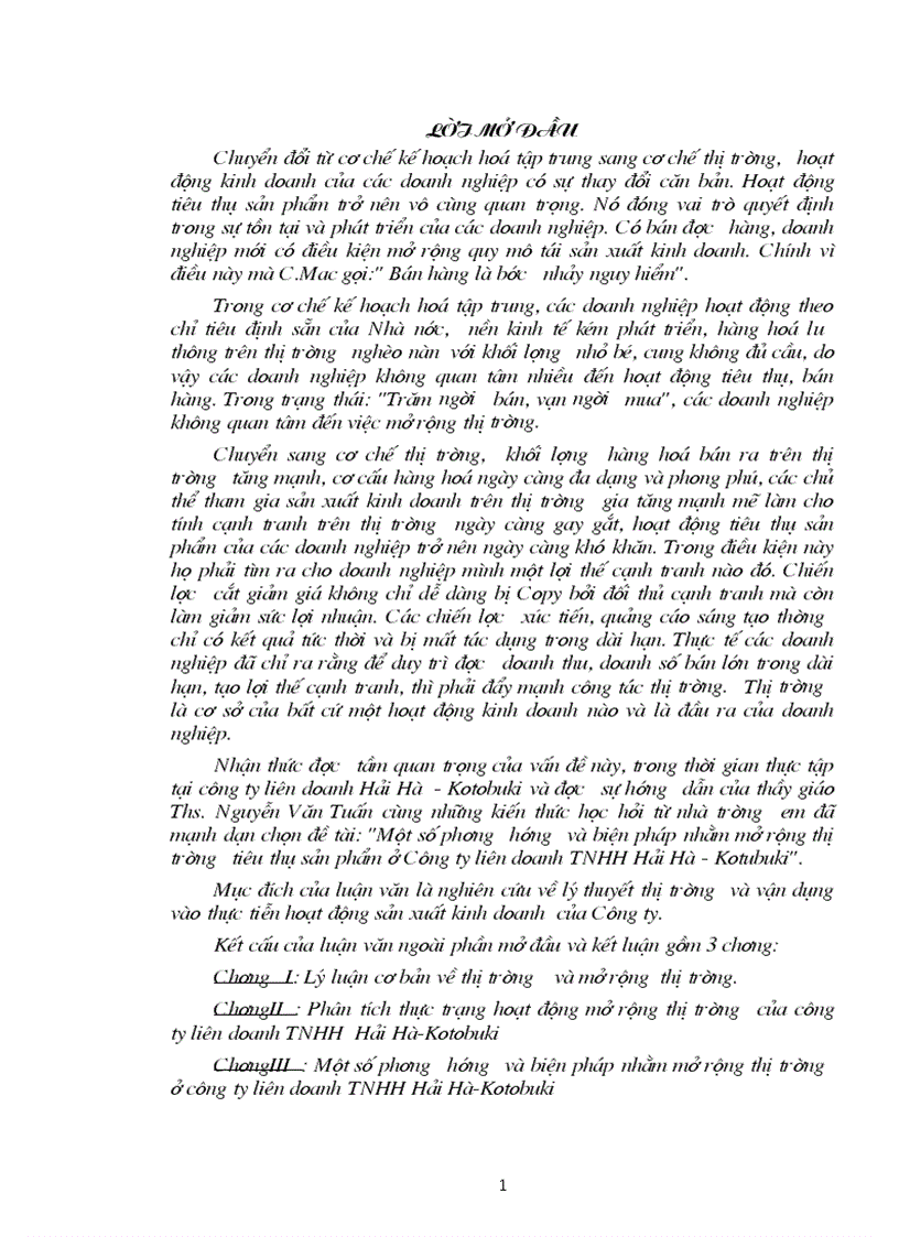 Một số phương hướng và biện pháp nhằm mở rộng thị trường tiêu thụ sản phẩm ở Công ty liên doanh TNHH Hải Hà Kotubuki