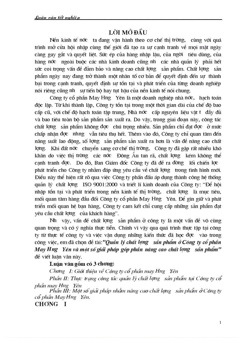 Quản lý chất lượng sản phẩm ở Công ty cổ phần May Hưng Yên và một số giải pháp góp phần nâng cao chất lượng sản phẩm