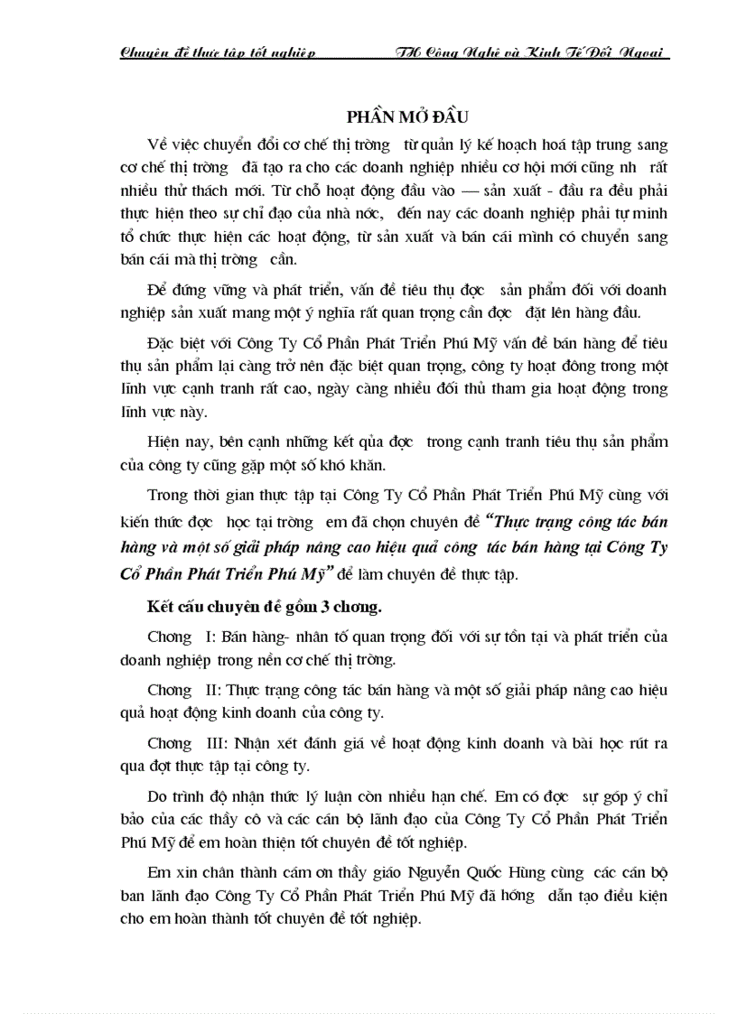 Thực trạng công tác bán hàng và một số giải pháp nâng cao hiệu quả công tác bán hàng tại Công Ty Cổ Phần Phát Triển Phú Mỹ