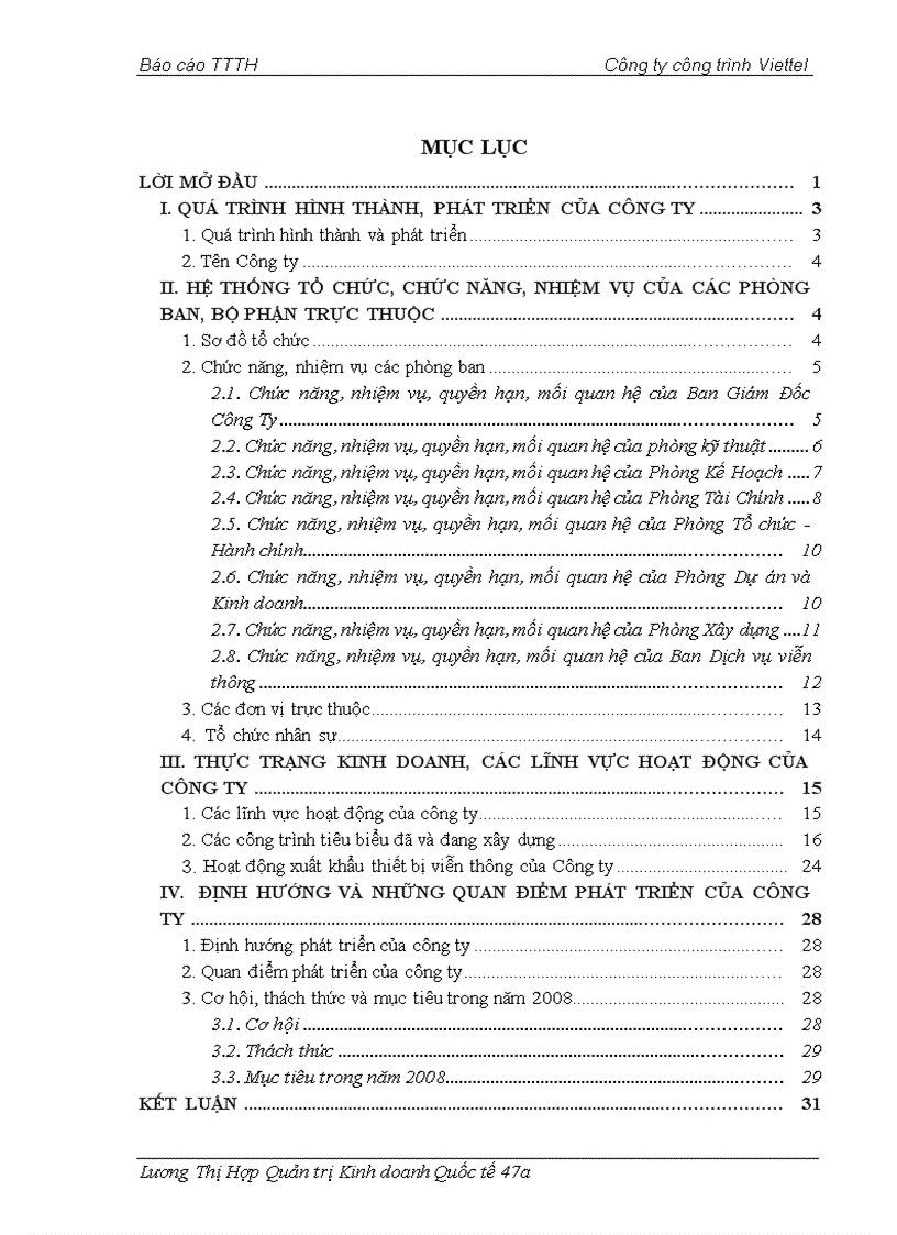 THỰC TRẠNG KINH DOANH CÁC LĨNH VỰC HOẠT ĐỘNG CỦA CÔNG TY Công ty công trình Viettel