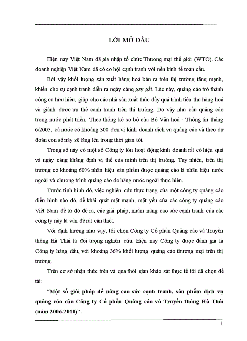 Một số giải pháp để nâng cao sức cạnh tranh sản phẩm dịch vụ quảng cáo của Công ty Cổ phần Quảng cáo và Truyền thông Hà Thái năm 2006 2010