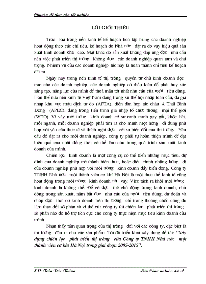 Những giải pháp thực hiện chiến lược phát triển thị trường của công ty TNHH Nhà nướcmột thành viên cơ khí Hà Nội giai đoạn 2006 2015