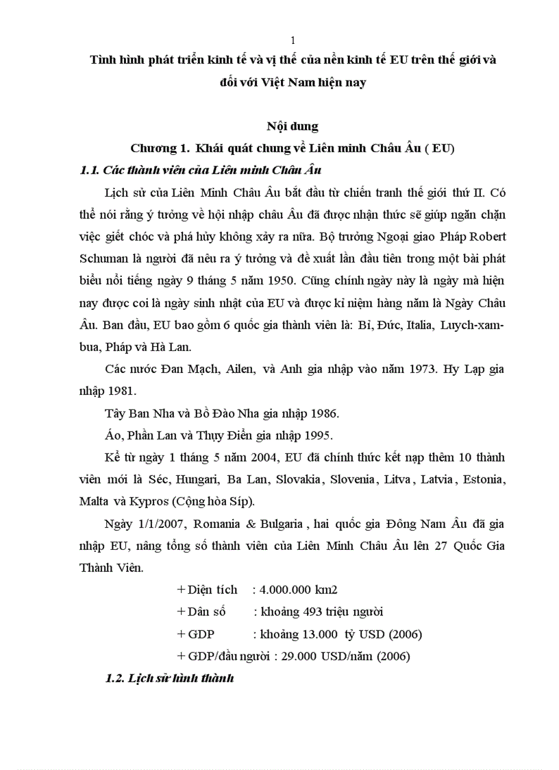 Tình hình phát triển kinh tế vị thế của nền kinh tế EU trên thế giới đối với VN hiện nay
