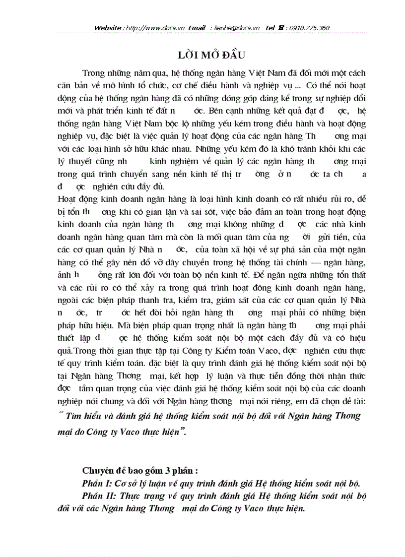 Tìm hiểu và đánh giá hệ thống kiểm soát nội bộ đối với Ngân hàng Thương mại do Công ty Vaco thực hiện