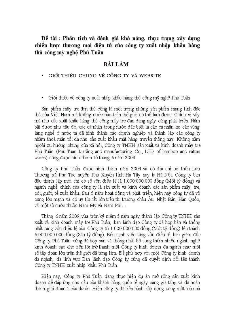 Phân tích và đánh giá khả năng thực trạng xây dựng chiến lược thương mại điện tử của công ty xuất nhập khẩu hàng thủ công mỹ nghệ Phú Tuấn