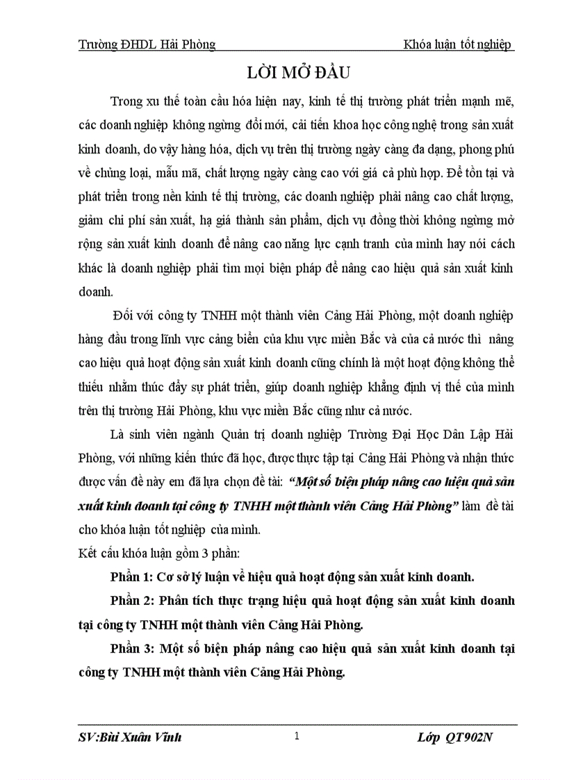 Một số biện pháp nâng cao hiệu quả sản xuất kinh doanh tại công ty TNHH một thành viên Cảng Hải Phòng