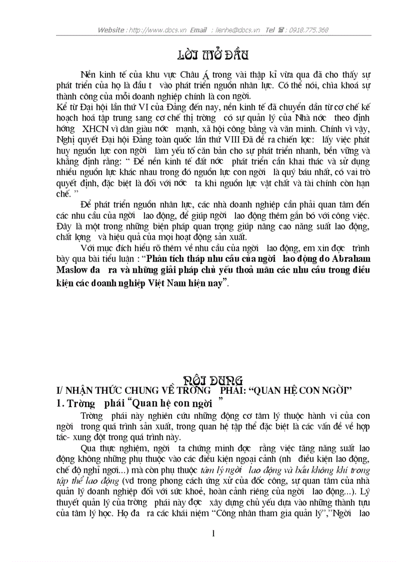 Phân tích tháp nhu cầu của người lao động do Abraham Maslow đưa ra và những giải pháp chủ yếu thoả mãn các nhu cầu trong điều kiện các doanh nghiệp Vi
