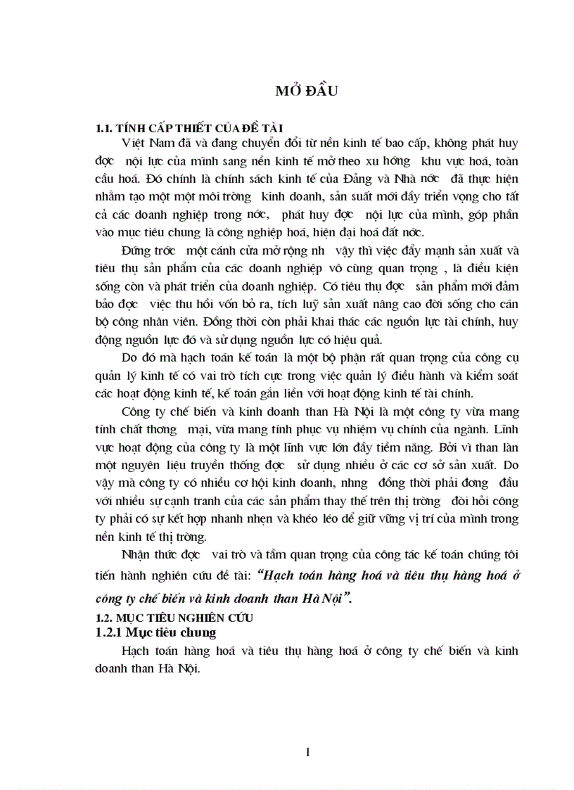 Hạch toán hàng hoá và tiêu thụ hàng hoá ở công ty chế biến và kinh doanh than Hà Nội