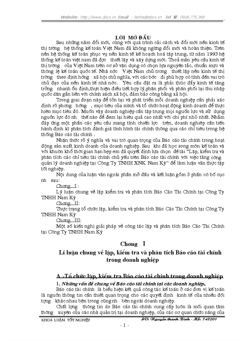 Lập kiểm tra và phân tích các chỉ tiêu tài chính chủ yếu trên Báo cáo tài chính với việc tăng cường quản lý doanh nghiệp tại Công Ty TNHH XNK Nam Kỳ