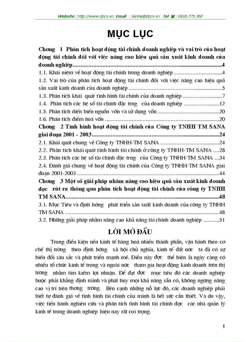 Một số vấn đề phân tích hoạt động tài chính và nâng cao hiệu quả sản xuất kinh doanh ở công ty TNHH TM SANA