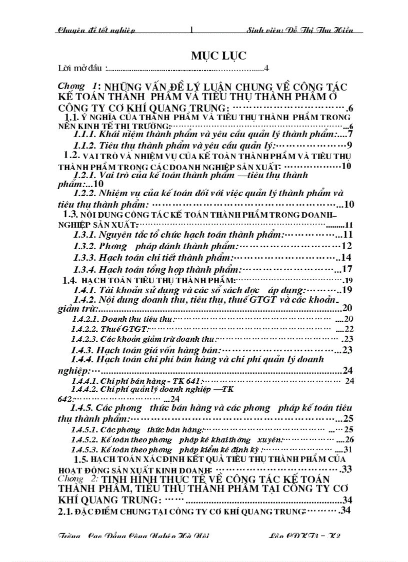 Tổ chức công tác kế toán thành phẩm và tiêu thụ thành phẩm tại công ty cơ khí quang trung