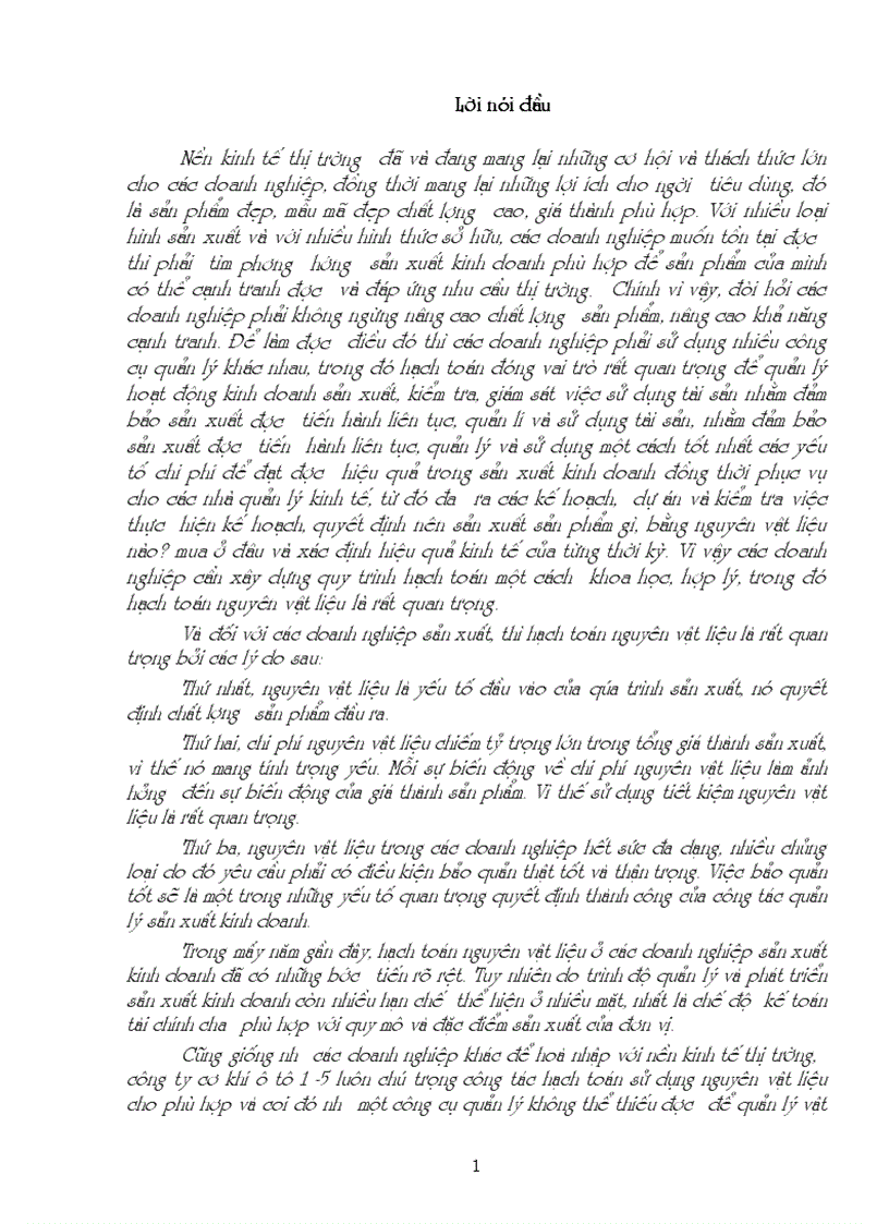 Hoàn thiện công tác hạch toán nguyên vật liệu với việc tăng cường hiệu quả sử dụng nguyên vật liệu tại Công ty cơ khí ô tô 1 5