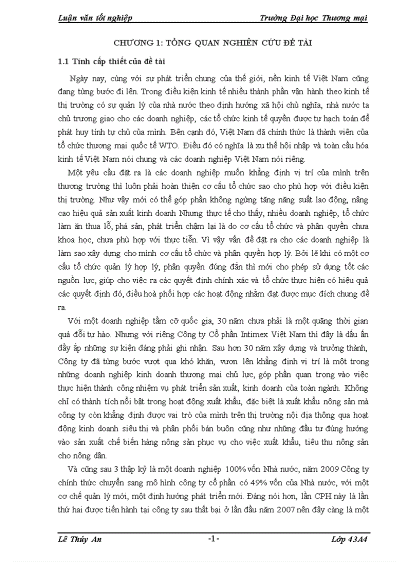 Hoàn thiện cơ cấu tổ chức và phân quyền của Công ty Cổ phần Intimex trên địa bàn Hà Nội