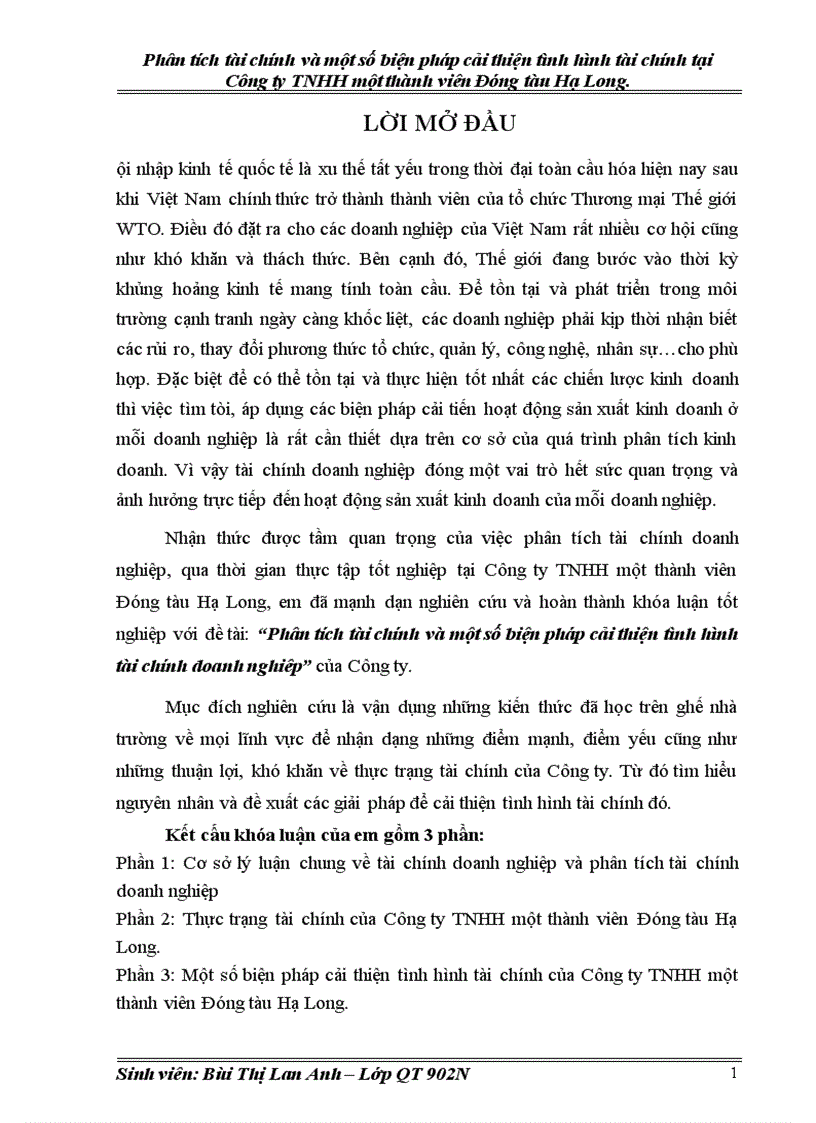 Phân tích tài chính và một số biện pháp cải thiện tình hình tài chính tại Công ty TNHH một thành viên Đóng tàu Hạ Long