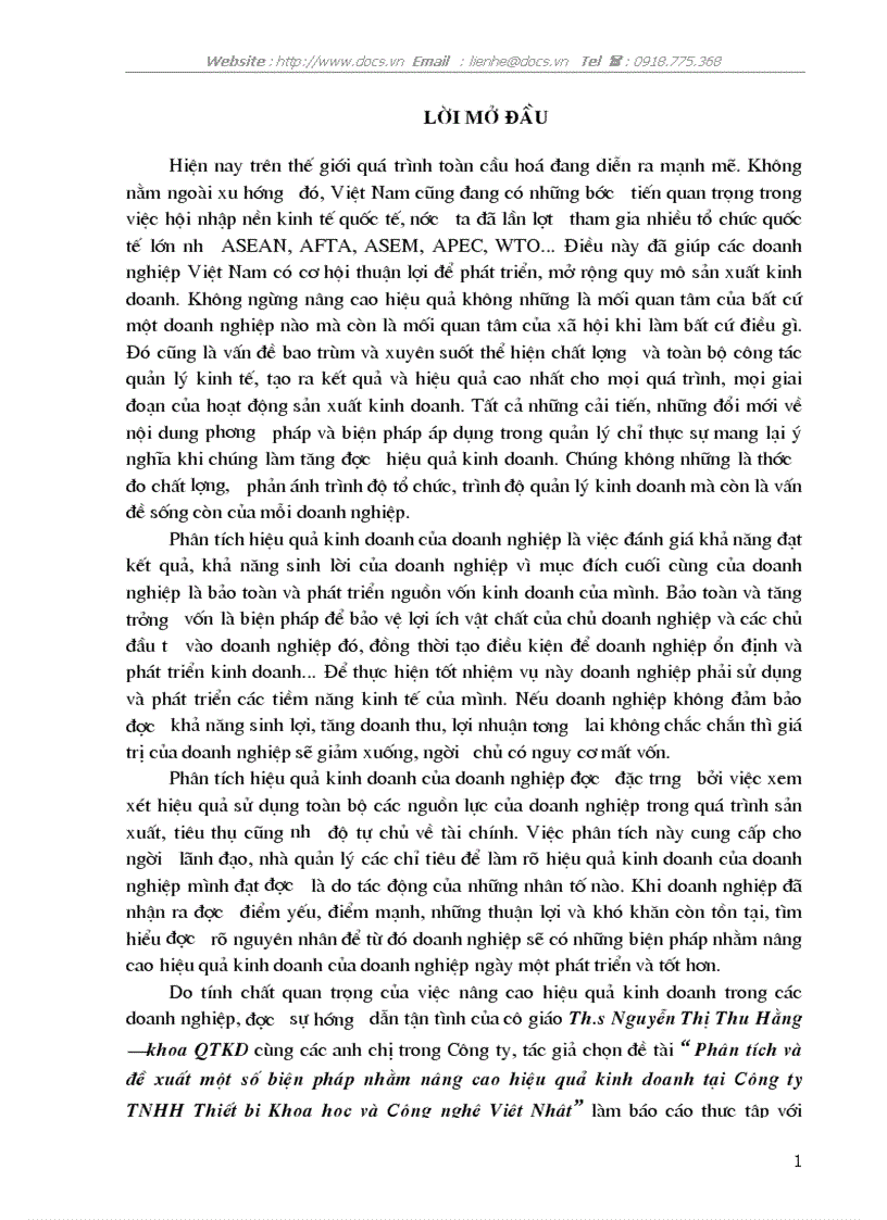 Phân tích và đề xuất một số biện pháp nhằm nâng cao hiệu quả kinh doanh tại Công ty TNHH Thiết bị Khoa học và Công nghệ Việt Nhật