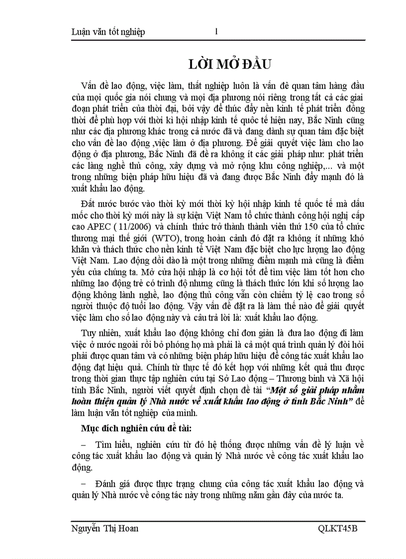Một số giải pháp nhằm hoàn thiện quản lý Nhà nước về xuất khẩu lao động ở tỉnh Bắc Ninh
