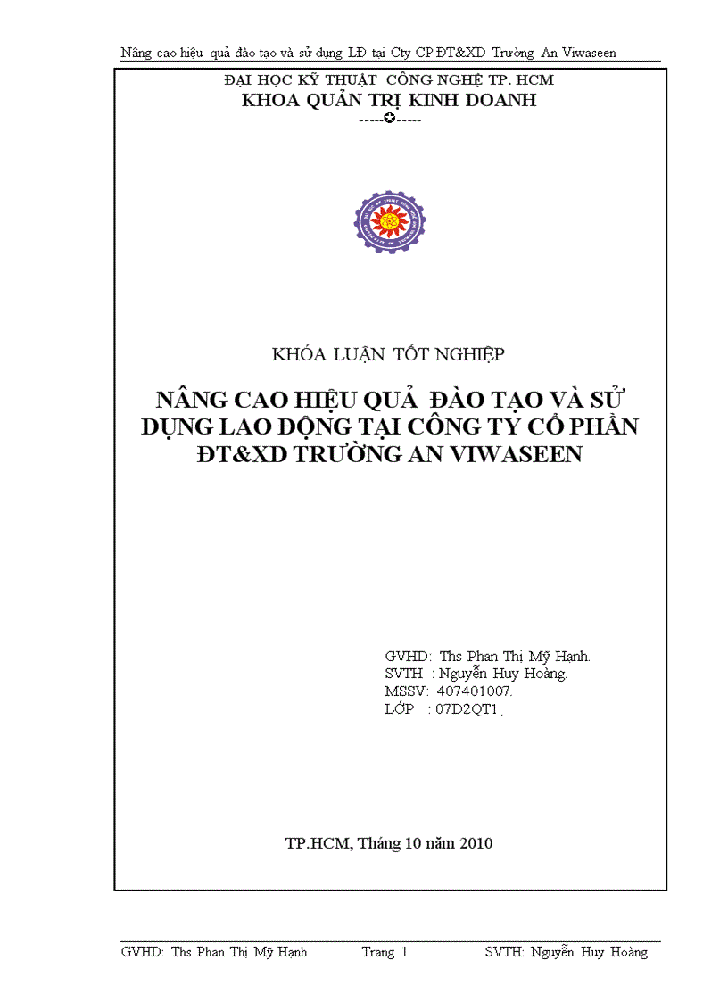 Nâng cao hiệu quả đào tạo và sử dụng lao động tại công ty cổ phần đt xd trường an viwaseen