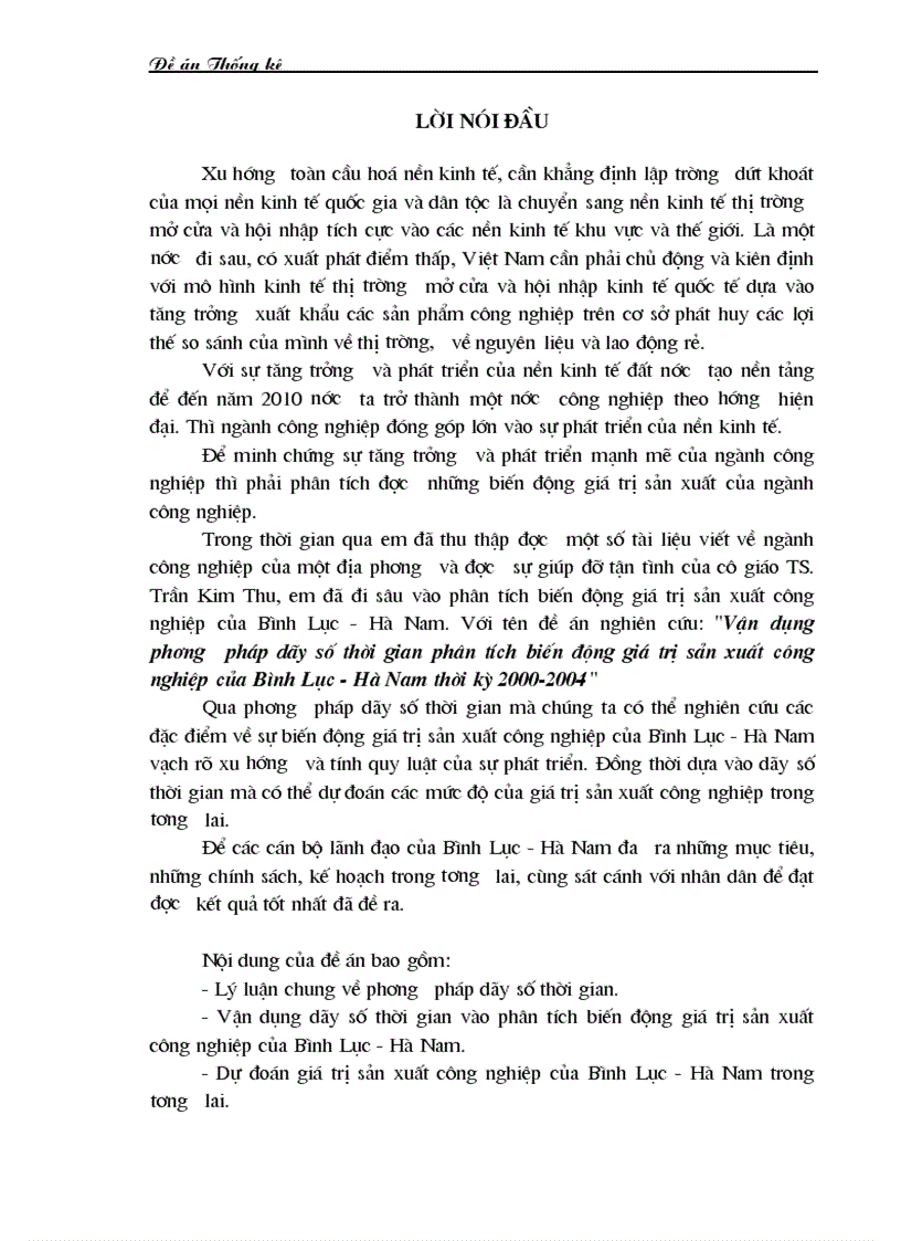 Vận dụng phương pháp dãy số thời gian phân tích biến động giá trị sản xuất công nghiệp của Bình Lục Hà Nam thời kỳ 2000 2004