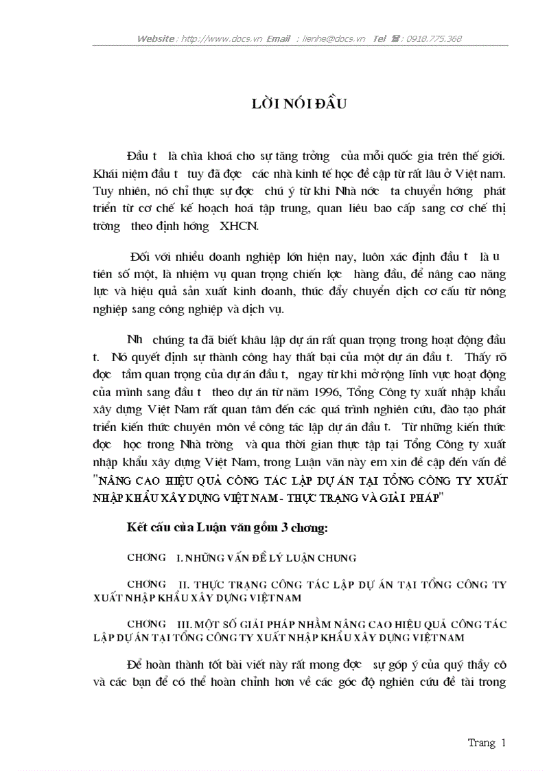Nâng cao hiệu quả công tác lập dự án tại tổng công ty xuất nhập khẩu xây dựng việt nam thực trạng và giải pháp