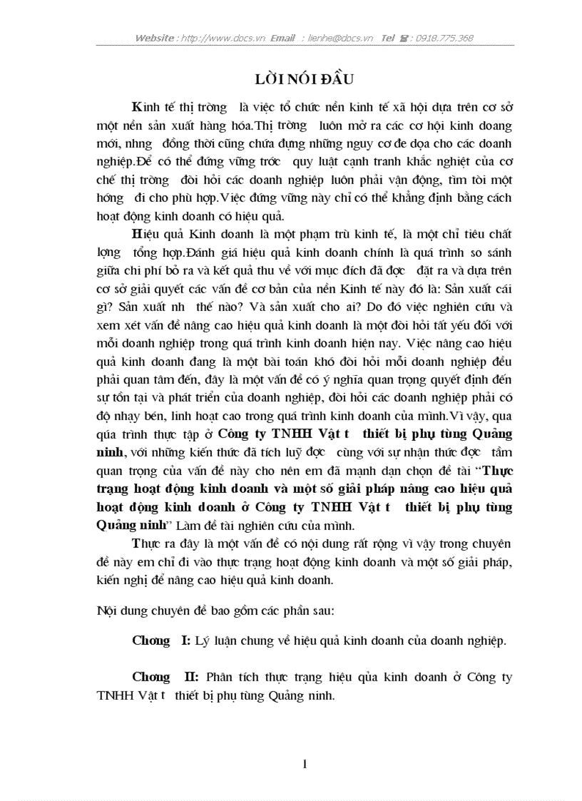 Thực trạng hoạt động kinh doanh và một số giải pháp nâng cao hiệu quả hoạt động kinh doanh ở Công ty TNHH Vật tư thiết bị phụ tùng Quảng ninh