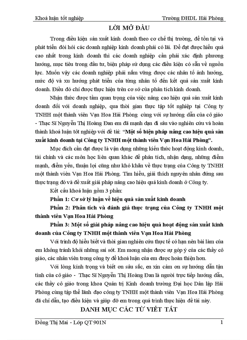 Một số biện pháp nâng cao hiệu quả sản xuất kinh doanh tại Công ty TNHH một thành viên Vạn Hoa Hải Phòng