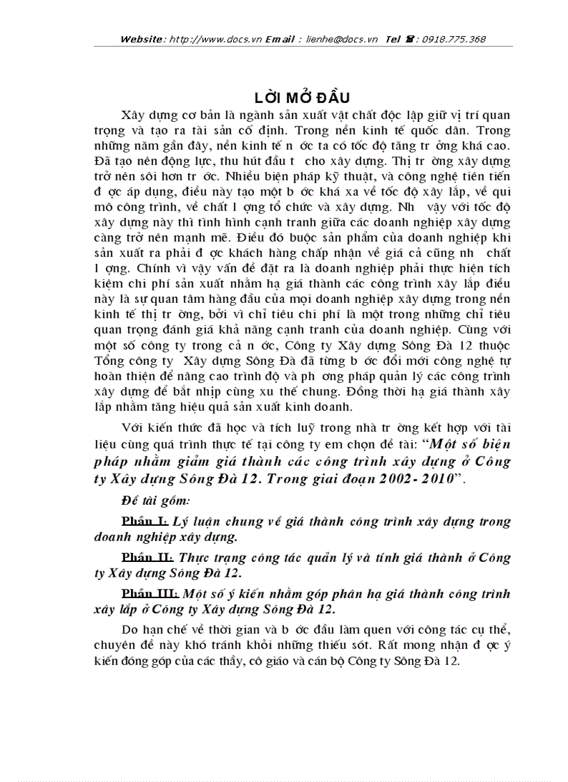 Một số biện pháp nhằm giảm giá thành các công trình xây dựng ở Công ty Xây dựng Sông Đà 12 Trong giai đoạn 2002 2010