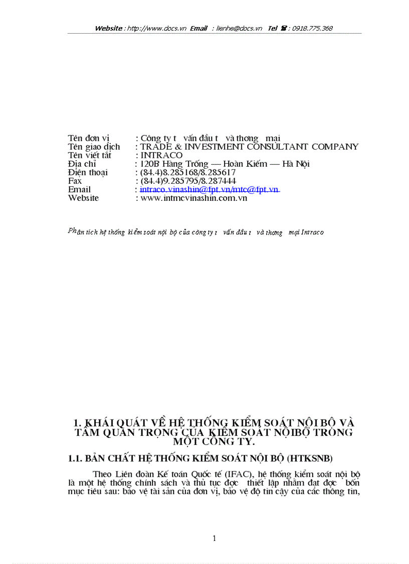 Phân tích hệ thống kiểm soát nội bộ của công ty tư vấn đầu tư và thương mại Intraco