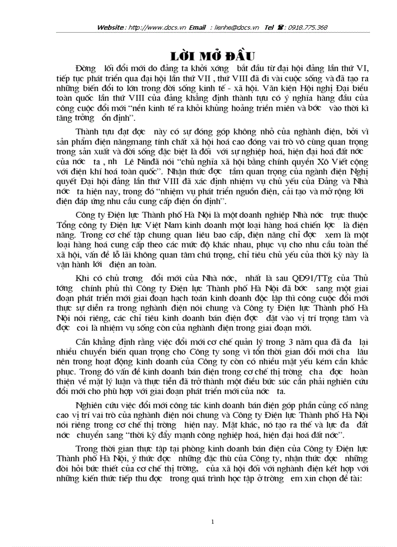 Một số biện pháp nhằm hoàn thiện công tác kinh doanh bán điện ở Công ty Điện lực Thành phố Hà Nội