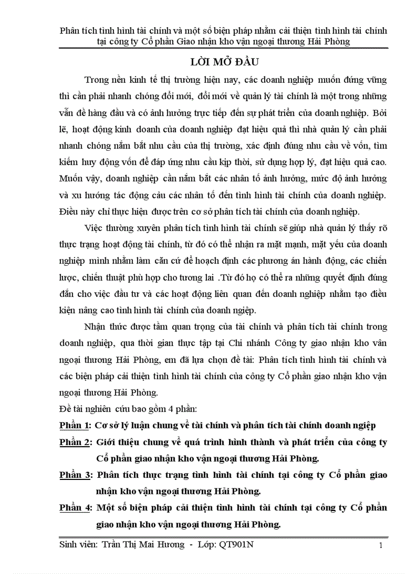 Phân tích tình hình tài chính và các biện pháp cải thiện tình hình tài chính của công ty Cổ phần giao nhận kho vận ngoại thương Hải Phòng