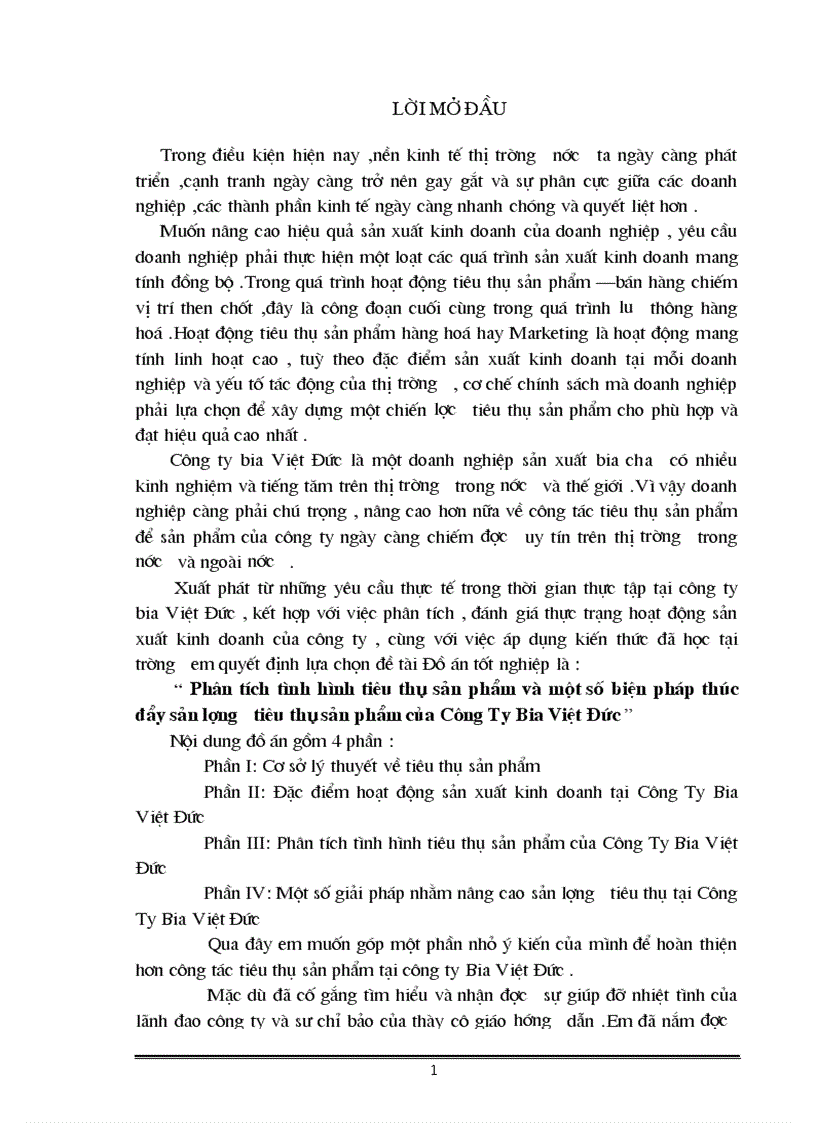 Phân tích tình hình tiêu thụ sản phẩm và một số biện pháp thúc đẩy sản lượng tiêu thụ sản phẩm của Công Ty Bia Việt Đức