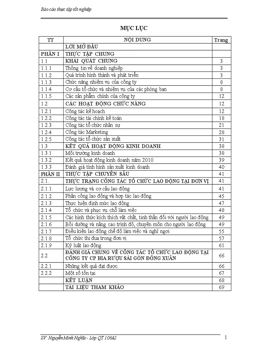 Báo cáo thực tập tốt nghiệp Công tác tổ chức lao động tại công ty CP Bia Rượu Sài Gòn Đồng Xuân