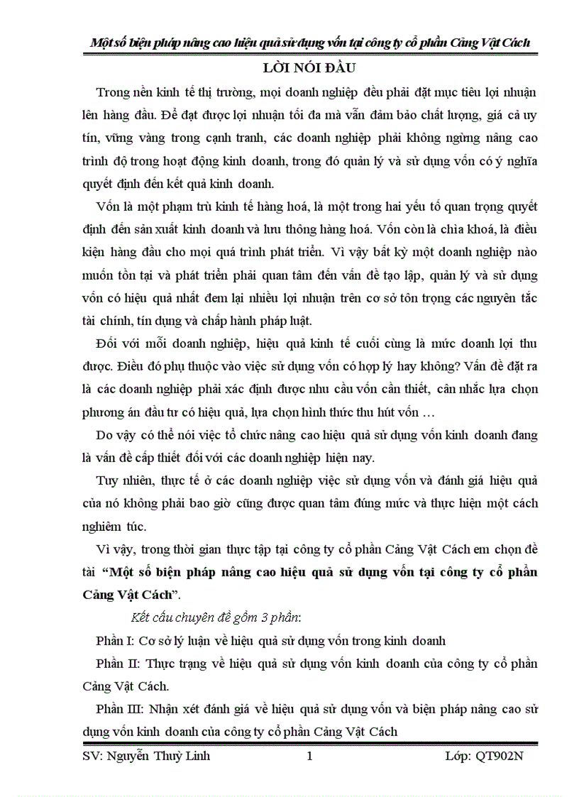Một số biện pháp nâng cao hiệu quả sử dụng vốn tại công ty cổ phần Cảng Vật Cách