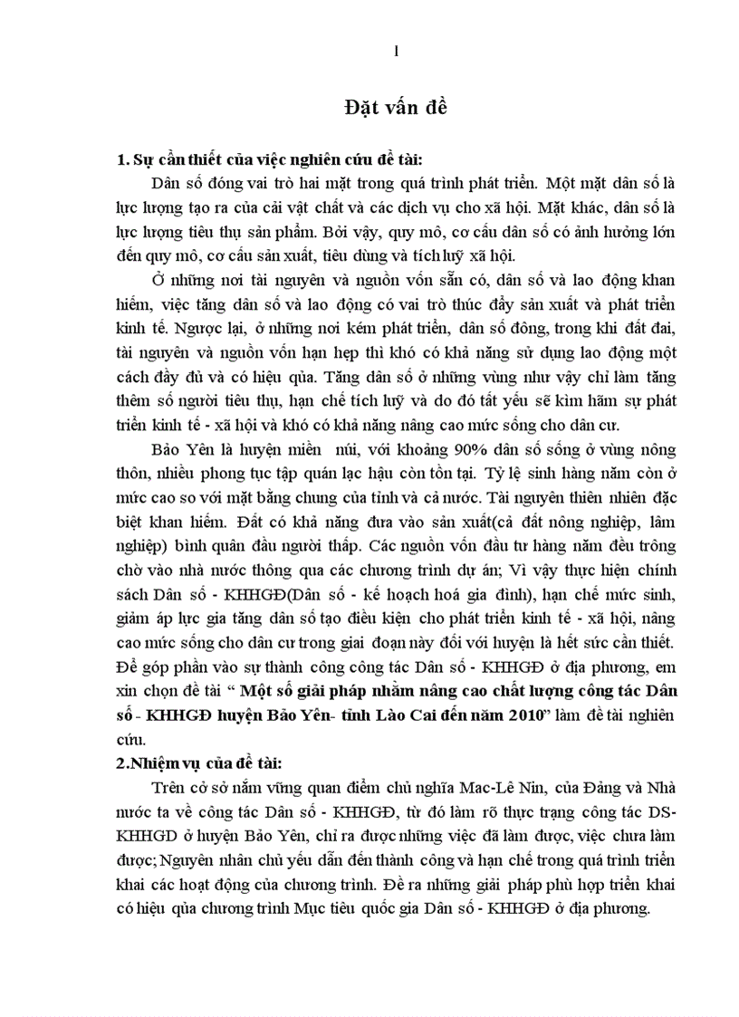 Một số giải pháp nhằm nâng cao chất lượng công tác Dân số KHHGĐ huyện Bảo Yên tỉnh Lào Cai đến năm 2010
