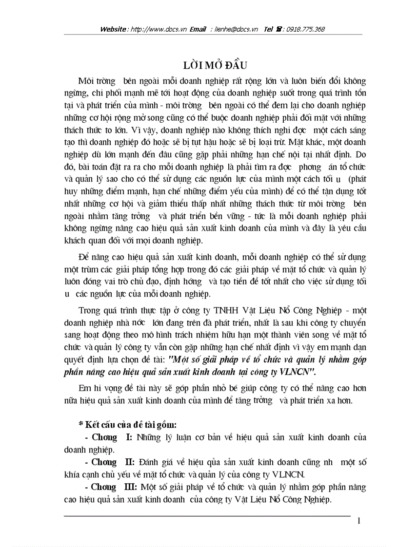 Một số giải pháp về tổ chức và quản lý nhằm góp phần nâng cao hiệu quả sản xuất kinh doanh tại công ty VLNCN