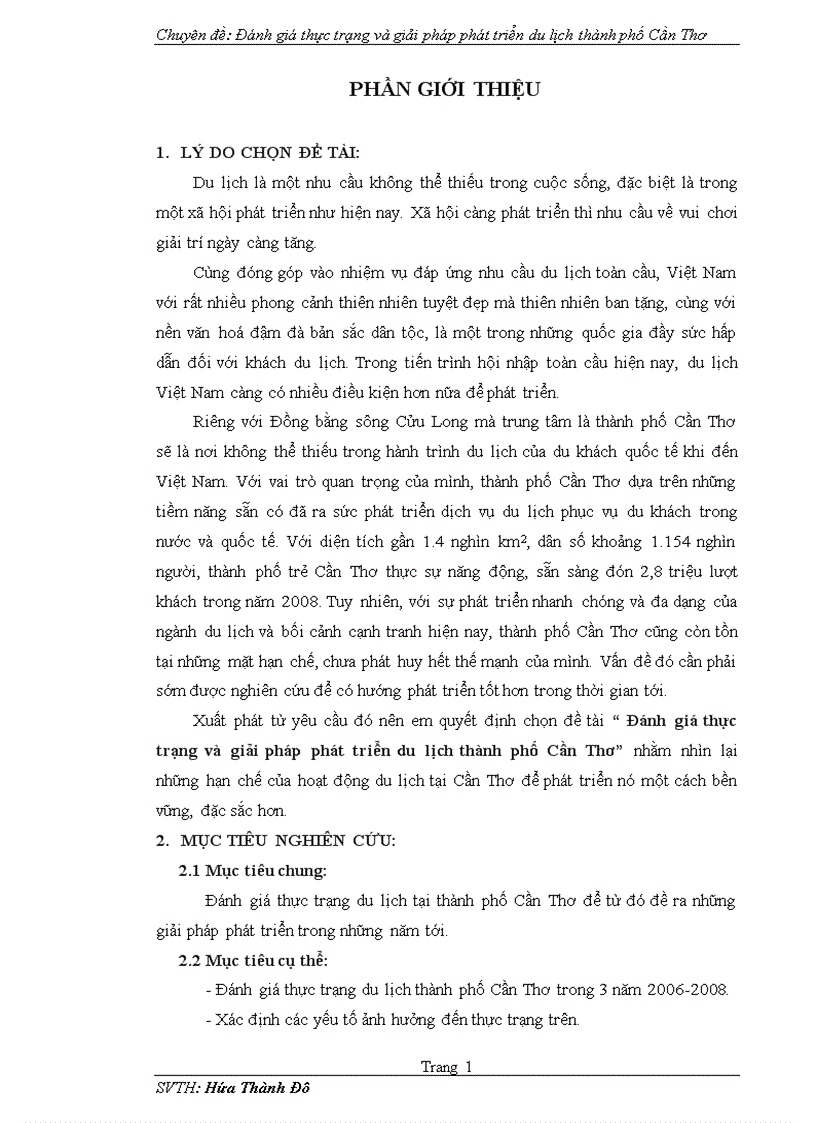Chuyên đề Đánh giá thực trạng và giải pháp phát triển du lịch thành phố Cần Thơ