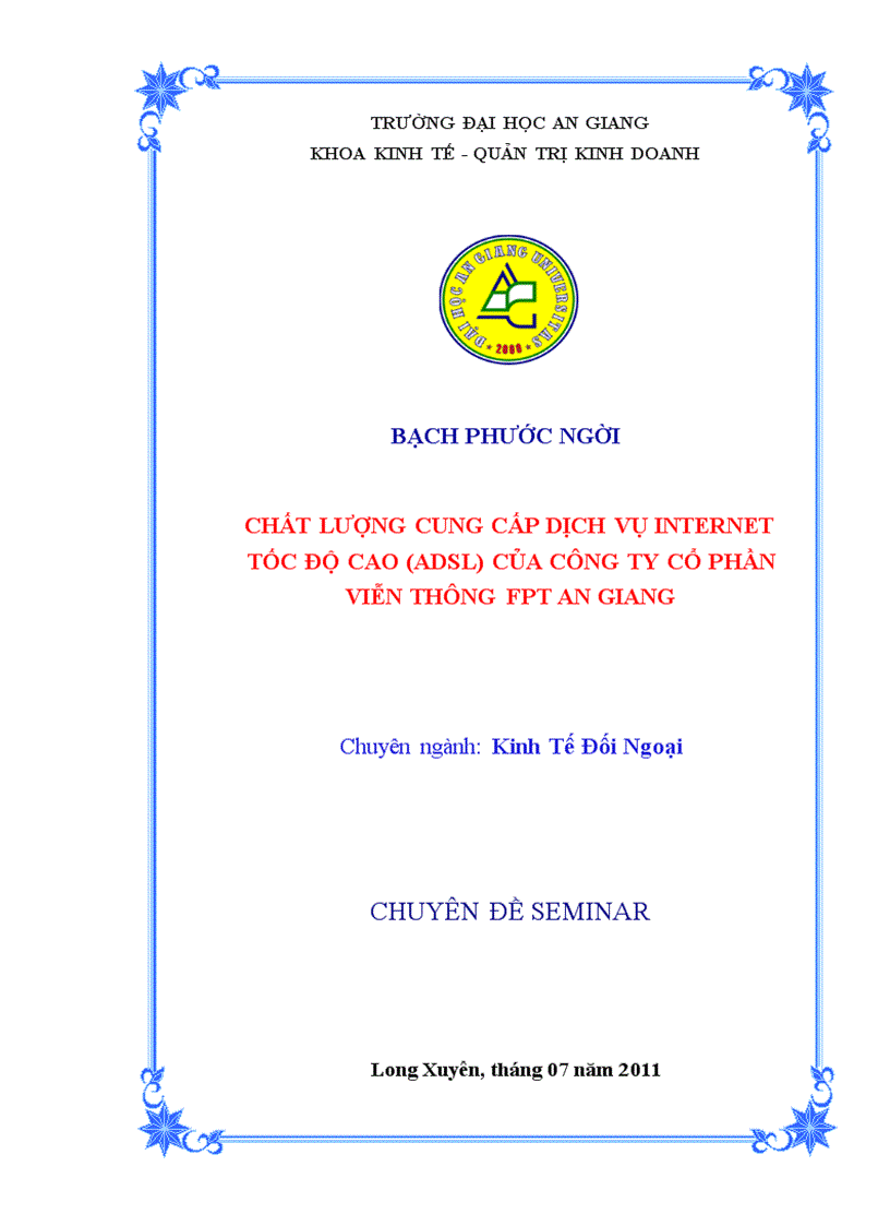 Chất lượng cung cấp dịch vụ internet tốc độ cao adsl của công ty cổ phần viễn thông fpt an giang